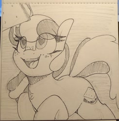 Size: 1796x1836 | Tagged: safe, artist:lockheart, imported from derpibooru, oc, oc only, oc:s'mare, earth pony, pony, food, freckles, heart, heart eyes, looking up, monochrome, open mouth, open smile, pencil drawing, s'mores, smiling, solo, traditional art, wingding eyes