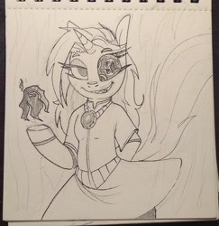 Size: 1733x1782 | Tagged: safe, artist:lockheart, imported from derpibooru, oc, oc only, semi-anthro, unicorn, clothes, dress, female, grin, jewelry, looking at you, mare, monochrome, necklace, pencil drawing, smiling, solo, traditional art, trypophobia, unusual pupils