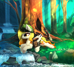 Size: 4730x4292 | Tagged: safe, artist:magnaluna, imported from derpibooru, oc, oc only, pegasus, pony, absurd file size, absurd resolution, bag, commission, crepuscular rays, forest, helmet, knife, river, saddle bag, solo, stream, tree, water, ych result