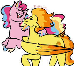 Size: 1063x945 | Tagged: safe, artist:lieutenantcactus, imported from derpibooru, pinkie pie, spitfire, earth pony, pegasus, pony, eyes closed, female, lesbian, mare, open mouth, pronking, shipping, simple background, smiling, spitpie, white background