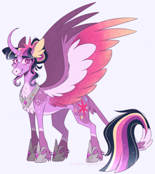 Size: 1171x1306 | Tagged: safe, artist:wanderingpegasus, imported from derpibooru, twilight sparkle, alicorn, pony, the last problem, alternate design, alternate hairstyle, chest fluff, coat markings, colored ears, colored wings, curved horn, cute, eyebrows, eyebrows visible through hair, facial markings, female, freckles, full body, hoof shoes, horn, jewelry, leonine tail, looking at you, mare, markings, multicolored mane, multicolored tail, multicolored wings, necklace, older, older twilight, pale belly, princess twilight 2.0, redesign, regalia, simple background, smiling, smiling at you, snip (coat marking), solo, spread wings, standing, star (coat marking), tail, twiabetes, twilight sparkle (alicorn), unshorn fetlocks, white background, wings