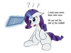 Size: 3300x2460 | Tagged: safe, artist:wapamario63, edit, rarity, pony, unicorn, chest fluff, chubby, crumbs, dialogue, ears, female, floppy ears, levitation, magic, mare, simple background, sitting, solo, telekinesis, transparent background, tray