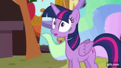 Size: 640x360 | Tagged: safe, imported from derpibooru, screencap, princess celestia, twilight sparkle, alicorn, earth pony, pony, party pooped, season 5, animated, crown, duo focus, female, floppy ears, gif, gifs.com, grin, jewelry, mare, nervous, nervous grin, open mouth, open smile, regalia, smiling, twilight sparkle (alicorn)