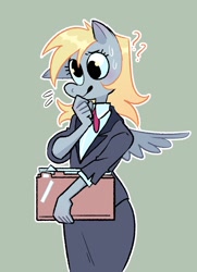 Size: 2048x2828 | Tagged: safe, artist:stevetwisp, imported from derpibooru, derpy hooves, anthro, pegasus, clothes, confused, cute, derpabetes, folder, office lady, question mark, skirt, suit, sweat, sweatdrops, winged anthro, wings