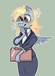 Size: 2048x2828 | Tagged: safe, alternate version, artist:stevetwisp, imported from derpibooru, derpy hooves, anthro, pegasus, clothes, confused, cute, derpabetes, folder, glasses, meganekko, office lady, question mark, round glasses, skirt, suit, sweat, sweatdrops, winged anthro, wings
