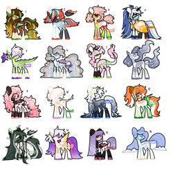 Size: 1059x1047 | Tagged: safe, artist:moonert, imported from derpibooru, oc, oc only, bat pony, earth pony, pegasus, pony, unicorn, base used, bat pony oc, bat wings, earth pony oc, ethereal mane, horn, looking back, pegasus oc, simple background, smiling, starry mane, transparent background, unicorn oc, wings