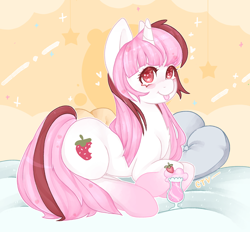 Size: 2000x1852 | Tagged: safe, artist:cartel_evision, artist:cartelevision, imported from derpibooru, oc, oc only, unicorn, :p, bed, blushing, heart, heart eyes, lying down, milkshake, multicolored hair, pillow, smiling, solo, tongue out, wingding eyes