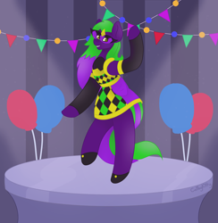 Size: 4384x4488 | Tagged: safe, artist:midnightamber, imported from derpibooru, oc, oc only, oc:masquerade, earth pony, pony, absurd resolution, balloon, bipedal, clothes, dancing, earth pony oc, eyebrows, female, grin, looking at you, mare, mask, multicolored hair, multicolored mane, party, scene, signature, smiling, smiling at you, solo, spotlight, standing, standing on one leg, standing on two hooves, streamers, table