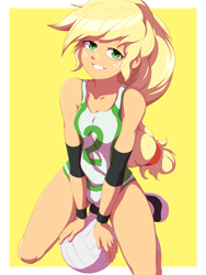 Size: 3000x4000 | Tagged: safe, artist:rockset, imported from ponybooru, applejack, equestria girls, female, freckles, solo, sports, volleyball