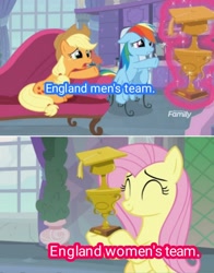 Size: 1292x1652 | Tagged: safe, edit, edited screencap, imported from ponybooru, screencap, applejack, fluttershy, rainbow dash, non-compete clause, england, euro 2020, football, metaphor, sports, trophy, women's euro 2022