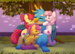 Size: 2570x1874 | Tagged: safe, artist:dinoalpaka, imported from derpibooru, apple bloom, gallus, scootaloo, sweetie belle, earth pony, griffon, pegasus, pony, unicorn, bow, eyebrows, eyes closed, female, filly, foal, folded wings, group hug, hair bow, high res, horn, hug, male, mare, quartet, sitting, smiling, wings