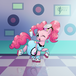 Size: 7000x7000 | Tagged: safe, artist:horsepen, imported from ponybooru, earth pony, pony, coinky-dink world, eqg summertime shorts, equestria girls, absurd resolution, apron, clothes, dress, female, milkshake, open mouth, ponytail, roller skates, server pinkie pie, solo, solo female