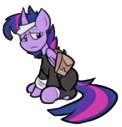 Size: 634x664 | Tagged: safe, artist:jakeneutron, edit, edited screencap, imported from derpibooru, screencap, twilight sparkle, alicorn, pony, background removed, bag, dusk till dawn, friday night funkin', headband, looking at someone, looking back, pibby, sad, simple background, solo, transparent background, twilight sparkle (alicorn), upset, worried