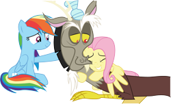 Size: 2383x1451 | Tagged: safe, artist:littlecl0ud, imported from derpibooru, discord, fluttershy, rainbow dash, draconequus, pegasus, pony, season 9, the beginning of the end, spoiler:s09, cute, dashabetes, discute, eyebrows, eyes closed, female, folded wings, grin, happy, hug, male, mare, one wing out, petting, shyabetes, simple background, sitting, smiling, transparent background, trio, vector, wings