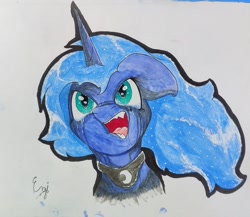 Size: 1993x1729 | Tagged: safe, artist:engi, imported from derpibooru, princess luna, alicorn, pony, angry, crying, ethereal mane, open mouth, sharp teeth, starry mane, tears of pain, teeth, traditional art, watercolor painting