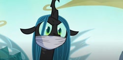 Size: 785x386 | Tagged: safe, artist:pondriar, edit, edited screencap, imported from derpibooru, screencap, queen chrysalis, changeling, to where and back again, angry, cloth gag, gag, glare