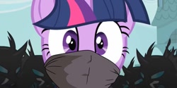 Size: 817x410 | Tagged: safe, artist:pondriar, edit, edited screencap, imported from derpibooru, screencap, twilight sparkle, changeling, pony, unicorn, a canterlot wedding, cloth gag, gag, kidnapped, over the nose gag, shocked, shocked expression