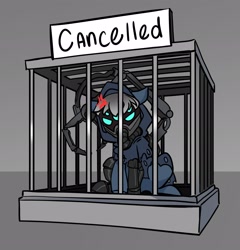 Size: 1964x2048 | Tagged: safe, artist:opalacorn, imported from derpibooru, oc, oc only, oc:gear works, cyborg, cyborg pony, pony, angry, augmentation, augmented, cage, cancelled, chaos, cross-popping veins, crossover, dark mechanicus, jail, robotic arm, servo arm, techpriest, warhammer (game), warhammer 40k