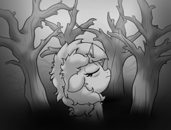 Size: 2701x2064 | Tagged: safe, artist:background basset, imported from derpibooru, lyra heartstrings, pony, unicorn, bust, depressing, depression, eyes closed, gray background, grayscale, monochrome, simple background, solo, tree