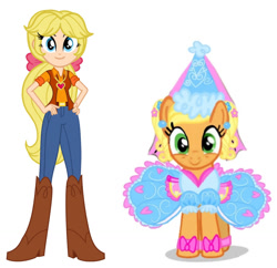 Size: 1363x1321 | Tagged: safe, artist:darlycatmake, artist:melspyrose, edit, imported from derpibooru, applejack, megan williams, earth pony, human, pony, clothes, cute, dress, duo, duo female, ear piercing, female, flower, flower in hair, froufrou glittery lacy outfit, happy, hat, hennin, jackabetes, looking at you, older, piercing, princess, princess applejack, simple background, smiling, smiling at you, white background