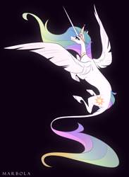 Size: 2169x2971 | Tagged: safe, artist:marbola, imported from derpibooru, princess celestia, alicorn, pony, black background, female, horn, leonine tail, long horn, mare, missing accessory, simple background, solo, tail, unshorn fetlocks