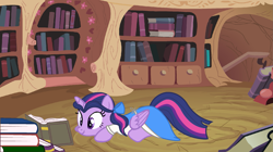 Size: 2073x1163 | Tagged: safe, artist:blanishna, artist:sirius-writer, imported from derpibooru, twilight sparkle, alicorn, pony, alternate hairstyle, beauty and the beast, belle, book, disney, female, golden oaks library, mare, twilight sparkle (alicorn)
