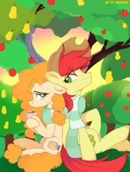 Size: 3100x4096 | Tagged: safe, artist:memengla, imported from derpibooru, bright mac, pear butter, earth pony, pony, apple, apple tree, clothes, duo, hat, intertwined trees, looking at each other, looking at someone, pear tree, scarf, sitting, tree