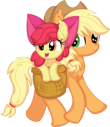 Size: 5970x6952 | Tagged: safe, artist:cyanlightning, imported from derpibooru, apple bloom, applejack, earth pony, pony, .svg available, absurd resolution, adorabloom, apple bloom's bow, apple sisters, applejack's hat, basket, bow, chest fluff, cowboy hat, cute, duo, ear fluff, female, filly, floppy ears, foal, hair bow, happy, hat, mare, open mouth, open smile, package, siblings, simple background, sisters, smiling, transparent background, vector