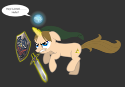 Size: 2927x2049 | Tagged: safe, artist:blanishna, imported from derpibooru, derpy hooves, pony, unicorn, 2012, gray background, high res, link, magic, magic aura, simple background, speech bubble, telekinesis, the legend of zelda