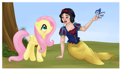 Size: 3205x1871 | Tagged: safe, artist:luciekj, imported from derpibooru, fluttershy, bird, human, pegasus, pony, 2014, crossover, disney, disney princess, female, mare, old art, snow white, snow white and the seven dwarfs