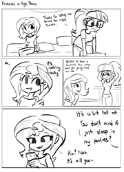 Size: 2250x3130 | Tagged: safe, artist:tjpones, imported from derpibooru, sci-twi, sunset shimmer, twilight sparkle, human, comic:friends in high places, equestria girls, bed, black and white, cellphone, clothes, comic, dialogue, duo, duo female, female, grayscale, high res, lesbian, monochrome, panties, phone, ponytail, scitwishimmer, shipping, simple background, smartphone, sunsetsparkle, underwear, white background, wholesome