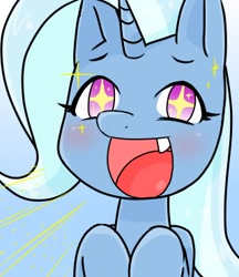 Size: 320x370 | Tagged: safe, artist:batipin, imported from derpibooru, trixie, pony, unicorn, :d, blushing, cute, cute little fangs, diatrixes, fangs, female, happy, mare, open mouth, open smile, smiling, solo, starry eyes, wingding eyes