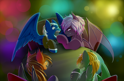 Size: 1400x910 | Tagged: safe, artist:skyeypony, imported from derpibooru, oc, oc only, oc:mark wells, oc:penumbra (goldfur), oc:steady flight, bat pony, pegasus, pony, fanfic:off the mark, fanfic art, open mouth, spread wings, wings