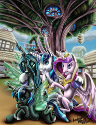 Size: 1200x1553 | Tagged: safe, artist:amalgamzaku, imported from derpibooru, princess cadance, queen chrysalis, shining armor, oc, alicorn, changeling, changeling queen, changepony, hybrid, pony, unicorn, fanfic:off the mark, bisexual, chrysarmordance, female, group photo, interspecies offspring, lesbian, male, offspring, outdoors, parent:queen chrysalis, parent:shining armor, parents:shining chrysalis, polyamory, shipping, straight, tree