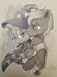 Size: 738x1000 | Tagged: safe, artist:andypriceart, imported from derpibooru, trixie, oc, oc:mark wells, pony, unicorn, fanfic:off the mark, 2019, bouquet of flowers, cape, clothes, duo, hat, trixie's cape, trixie's hat