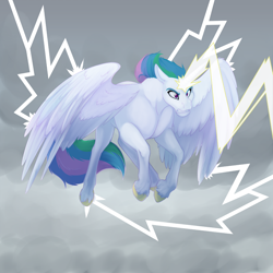 Size: 1200x1200 | Tagged: safe, artist:foxenawolf, imported from derpibooru, oc, oc only, oc:mark wells, alicorn, pony, alicorn oc, flying, frown, gritted teeth, hooves, horn, lightning, not celestia, solo, spread wings, teeth, unshorn fetlocks, wings