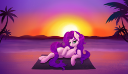 Size: 7439x4318 | Tagged: safe, artist:olala, imported from derpibooru, oc, oc only, oc:centerfold, crystal pony, earth pony, pony, absurd resolution, beach, crystal pony oc, earth pony oc, eyebrows, eyebrows visible through hair, female, green eyes, lidded eyes, looking at you, lounging, lying down, mare, not pipp petals, ocean, on side, palm tree, purple hair, sand, smiling, smiling at you, solo, sun, sunset, towel, tree, water