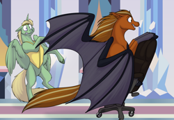 Size: 1200x831 | Tagged: safe, artist:foxenawolf, imported from derpibooru, oc, oc only, oc:mark wells, oc:penumbra (goldfur), alicorn, bat pony, pony, fanfic:off the mark, alicorn oc, chair, female, horn, male, mare, stallion, wings