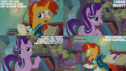Size: 1280x720 | Tagged: safe, edit, edited screencap, editor:quoterific, imported from derpibooru, screencap, starlight glimmer, sunburst, pony, unicorn, season 6, the crystalling, duo, duo male and female, eyes closed, female, glasses, male, mare, open mouth, open smile, smiling, stallion, text
