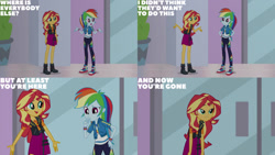 Size: 1280x720 | Tagged: safe, edit, edited screencap, editor:quoterific, imported from derpibooru, screencap, rainbow dash, sunset shimmer, human, a fine line, equestria girls, equestria girls series, clothes, converse, cutie mark on clothes, duo, duo female, female, geode of empathy, geode of super speed, hand on hip, hoodie, jewelry, leather, leather vest, magical geodes, necklace, open mouth, open smile, shoes, smiling, sneakers, text, vest