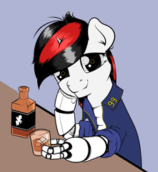 Size: 1880x2044 | Tagged: safe, artist:dacaoo, imported from derpibooru, oc, oc only, oc:blackjack, cyborg, pony, unicorn, fallout equestria, fallout equestria: project horizons, alcohol, amputee, artificial hands, clothes, cybernetic legs, fanfic art, horn, jumpsuit, small horn, solo, vault suit, whiskey, wild pegasus whisky