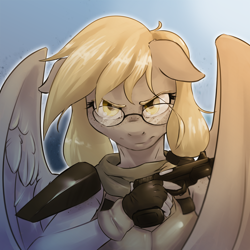 Size: 1500x1500 | Tagged: safe, artist:darksittich, imported from derpibooru, oc, oc only, anthro, pegasus, floppy ears, freckles, glasses, gun, handgun, pistol, solo