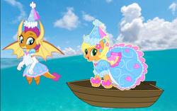 Size: 1280x806 | Tagged: safe, artist:darlycatmake, imported from derpibooru, applejack, smolder, dragon, earth pony, pony, boat, clothes, cute, dragoness, dress, duo, duo female, female, froufrou glittery lacy outfit, happy, jackabetes, ocean, princess, princess applejack, princess smolder, smiling, smolderbetes, water