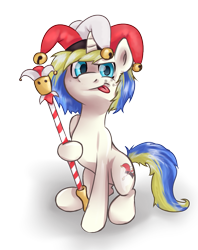 Size: 783x987 | Tagged: safe, artist:darksittich, imported from derpibooru, oc, oc only, pony, unicorn, jester, simple background, solo, staff, tongue out, transparent background