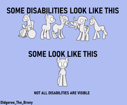 Size: 1482x1229 | Tagged: safe, artist:didgereethebrony, imported from derpibooru, earth pony, pegasus, pony, unicorn, amputee, autism, autism spectrum disorder, broken horn, broken wing, disabled, elderly, emotionless eyes, horn, mental disability, mental illness, wheelchair, wings