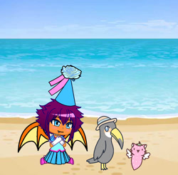 Size: 1151x1134 | Tagged: safe, artist:darlycatmake, imported from derpibooru, smolder, bird, cat, toucan, :3, amazed, beach, clothes, cute, dress, froufrou glittery lacy outfit, gacha life, gloves, happy, hat, hennin, long gloves, princess, princess smolder, smiling, smolderbetes, wings