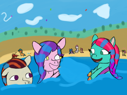 Size: 2048x1536 | Tagged: safe, artist:the crystal artist, derpibooru exclusive, imported from derpibooru, hitch trailblazer, izzy moonbow, pipp petals, sprout cloverleaf, sunny starscout, zipp storm, earth pony, pegasus, pony, unicorn, beach, g5, happy, jazz hooves, male, posey bloom, rocky riff, sand, splash, stallion, water, wet, wet mane