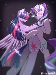 Size: 768x1024 | Tagged: safe, artist:mugitya012, imported from derpibooru, starlight glimmer, twilight sparkle, alicorn, semi-anthro, unicorn, bipedal, dark background, duo, duo female, eyes closed, female, hair over eyes, horn, mare, spread wings, twilight sparkle (alicorn), wings