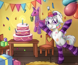 Size: 1280x1067 | Tagged: safe, artist:appleneedle, imported from derpibooru, oc, oc only, oc:confetti cupcake, bat pony, pony, balloon, bat pony oc, bipedal, birthday, bow, cake, candle, clothes, commission, confetti, food, party, present, socks, solo, striped socks