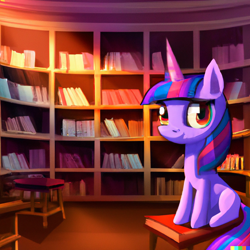 Size: 1024x1024 | Tagged: safe, imported from derpibooru, twilight sparkle, pony, unicorn, ai content, ai generated, big eyes, blank flank, book, bookshelf, chair, crepuscular rays, generator:dall-e 2, library, looking at you, smiling, solo, sunlight, wrong eye color